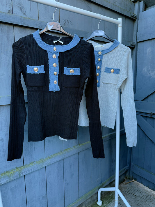 Denim Trim Gold Button Top