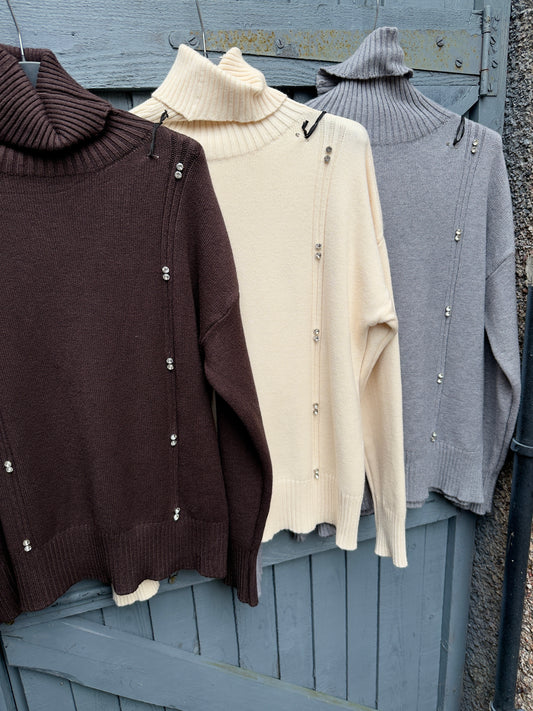 Turtle Neck Diamanté Ribbed Jumper