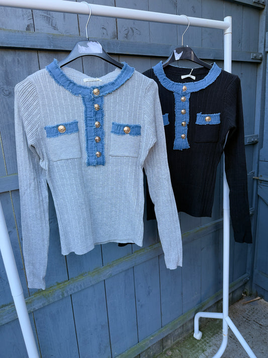 Denim Trim Gold Button Top