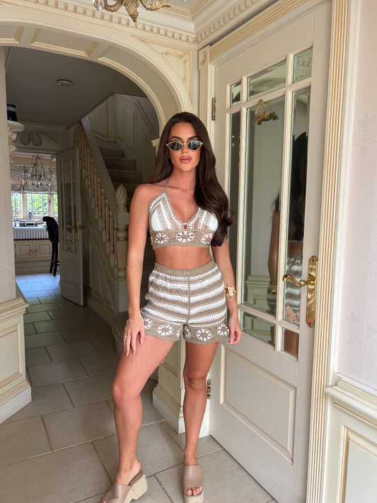 Two Tone Crochet Shorts Set
