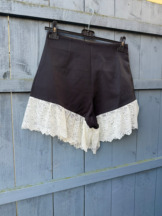 Black Lace Hem Zip Up Shorts