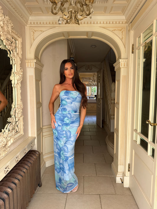 Blue Floral Mesh Bandeau Maxi Dress