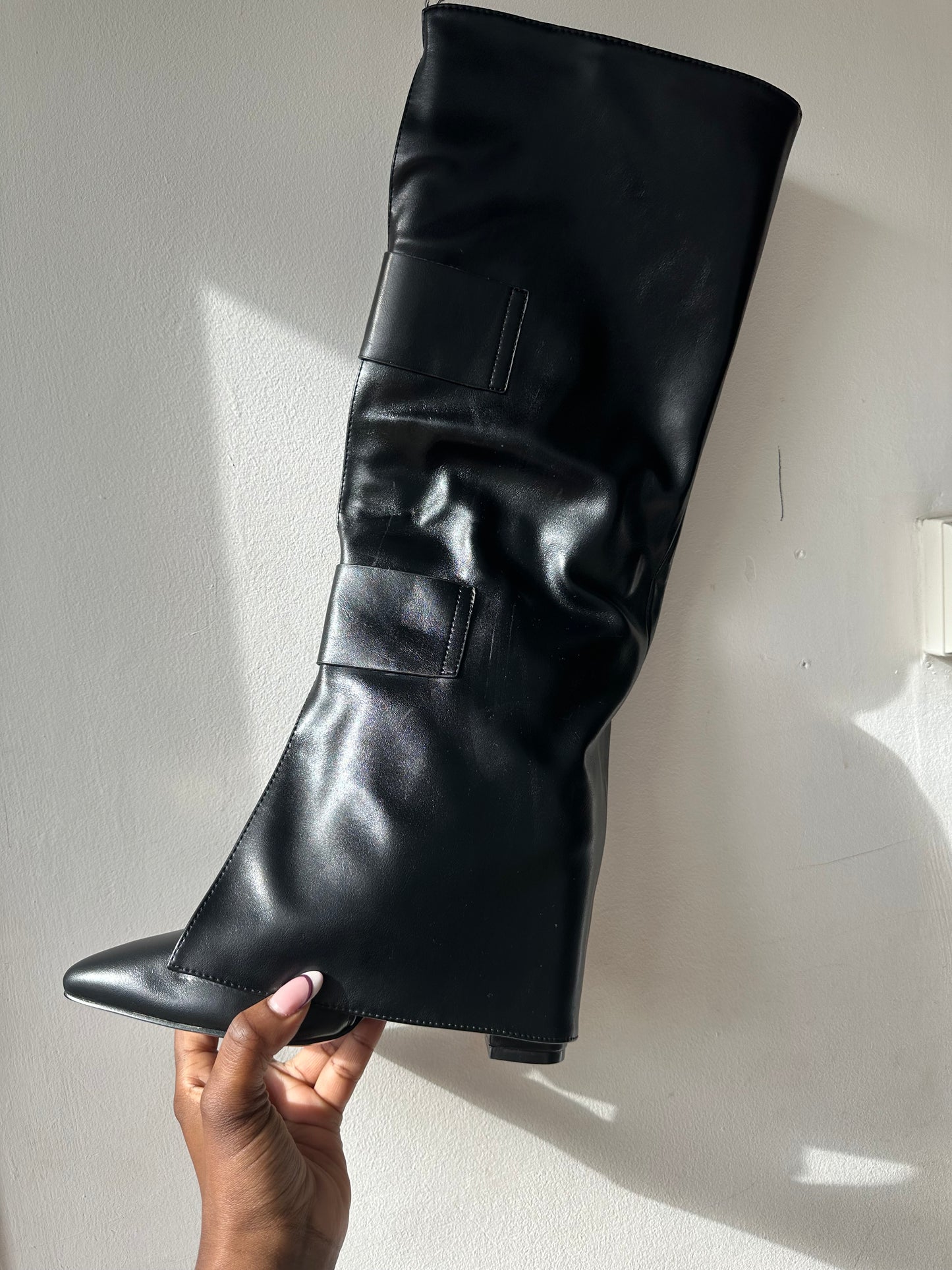 Black Faux Leather Buckle Boots