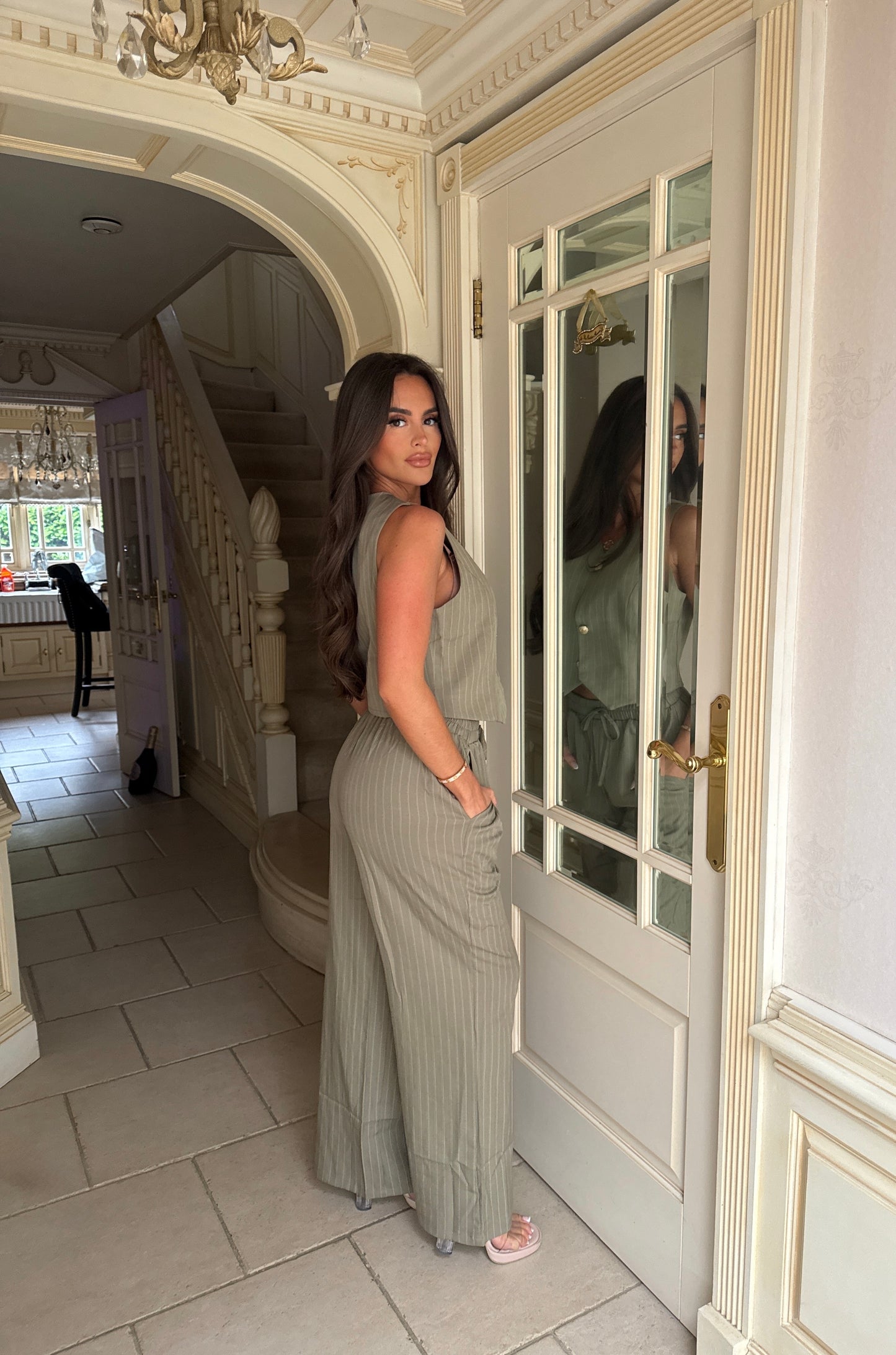 Khaki Pinstripe Waistcoat Trouser Suit