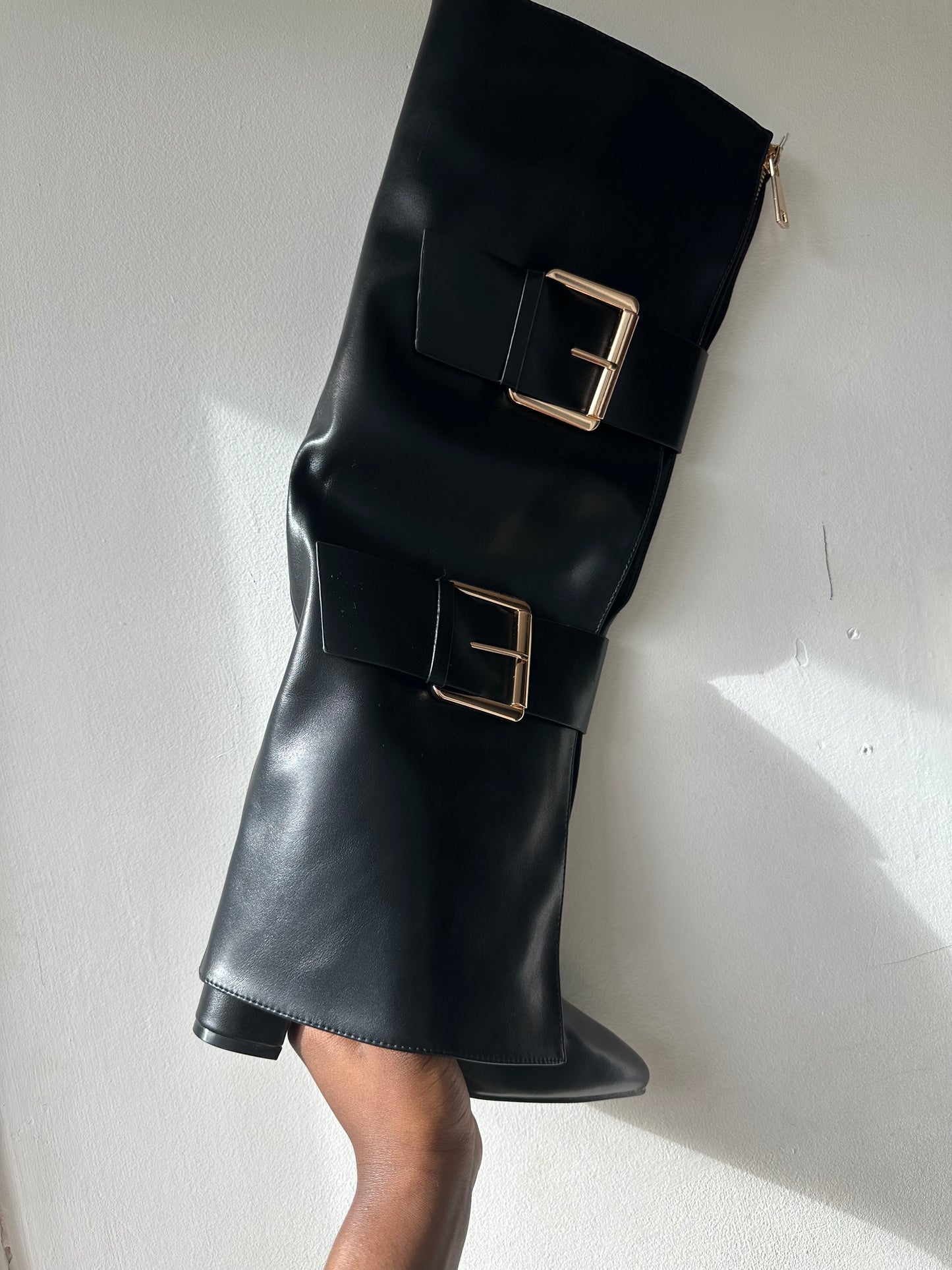 Black Faux Leather Buckle Boots