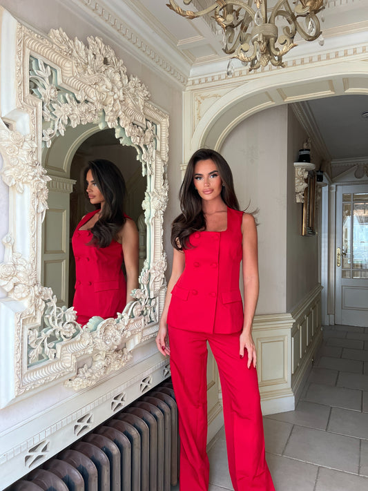 Red Button Vest & Flare Trouser Suit Set