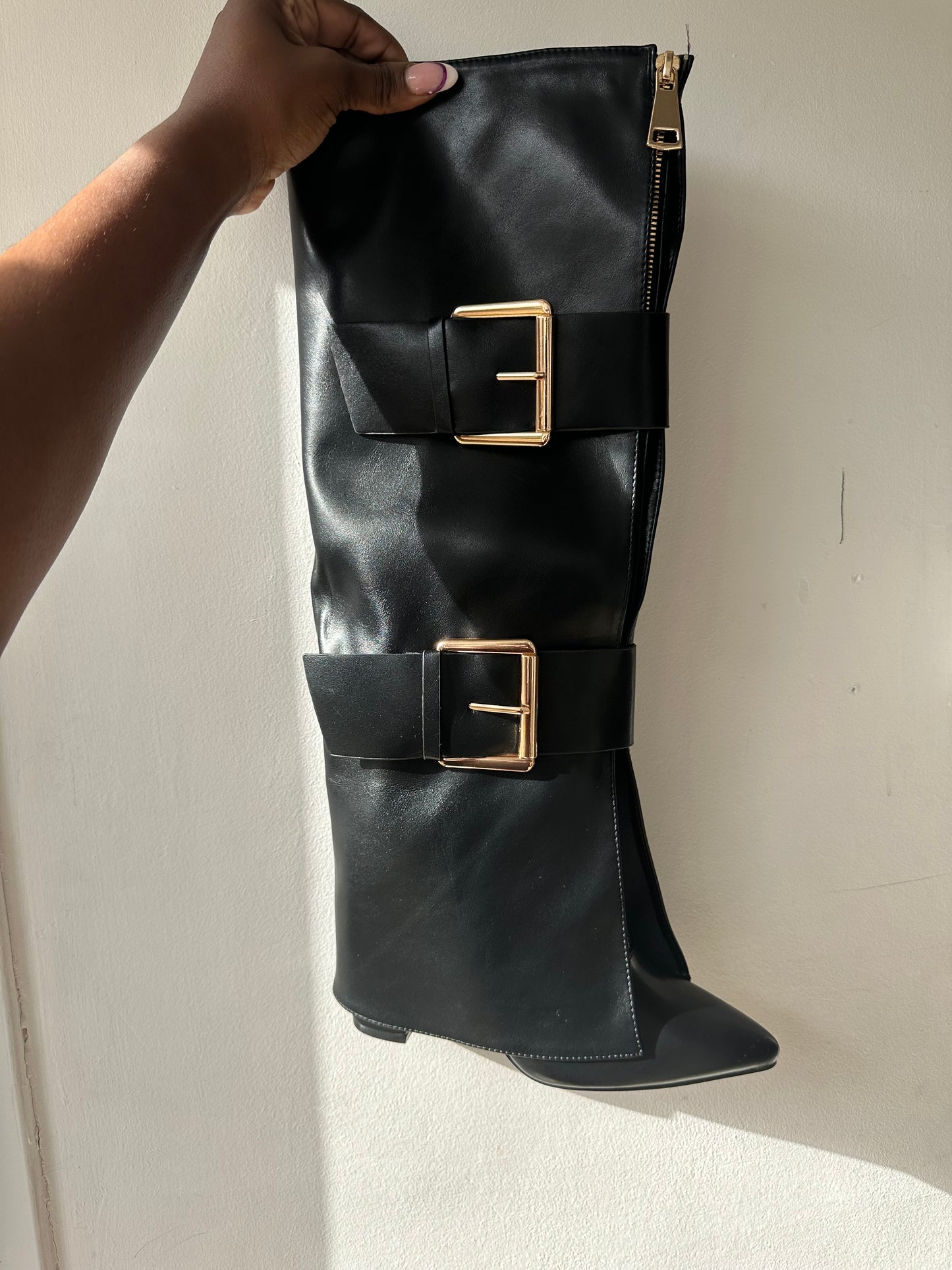 Black Faux Leather Buckle Boots