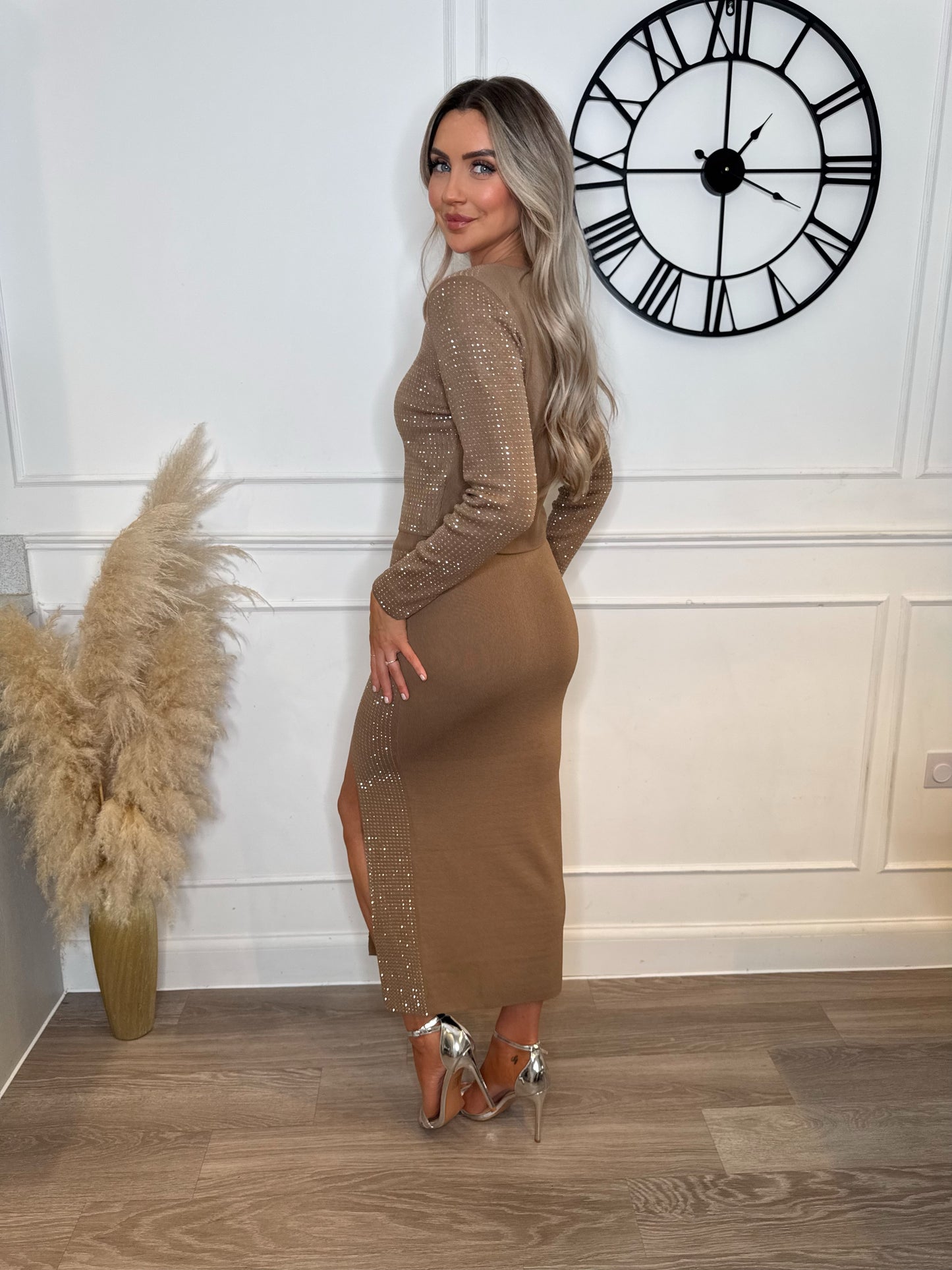 Camel Diamanté Skirt Suit