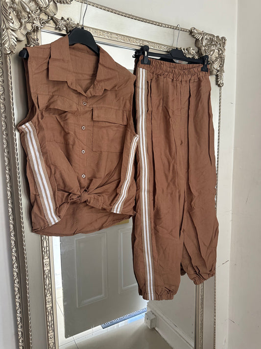 Brown Tie Up Top and Cuffed Trouser Set