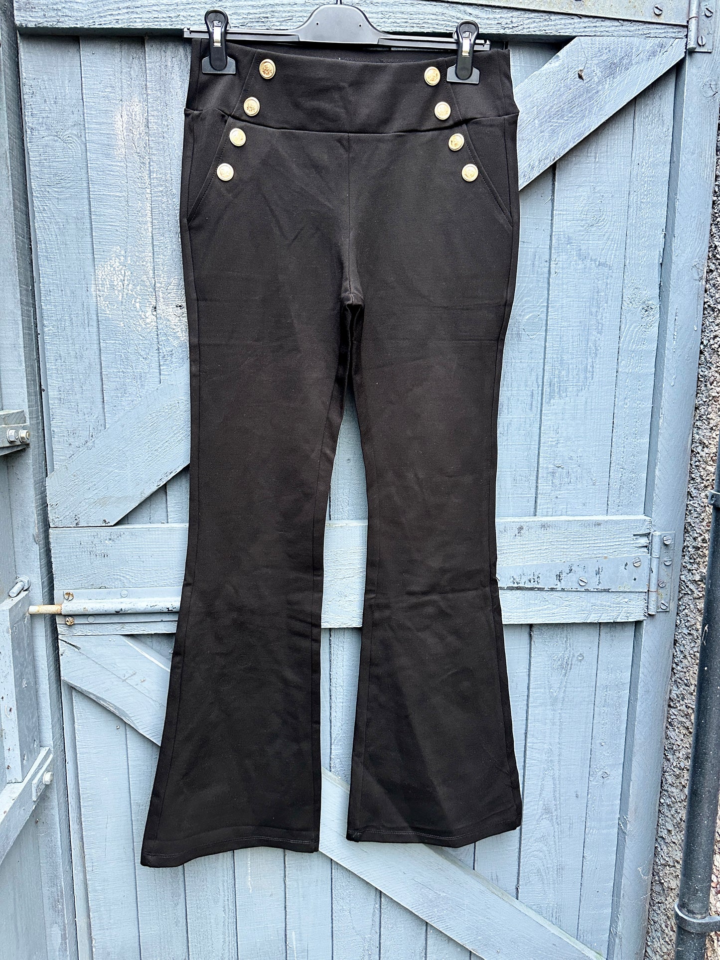 Black Thick High Waist Gold Button Flare Trousers