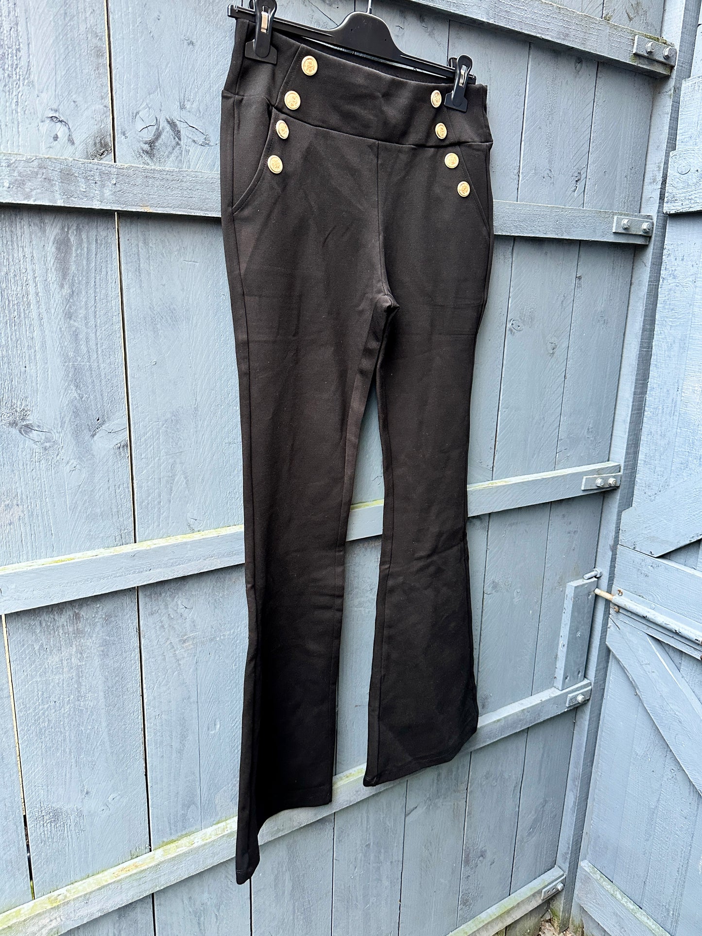 Black Thick High Waist Gold Button Flare Trousers